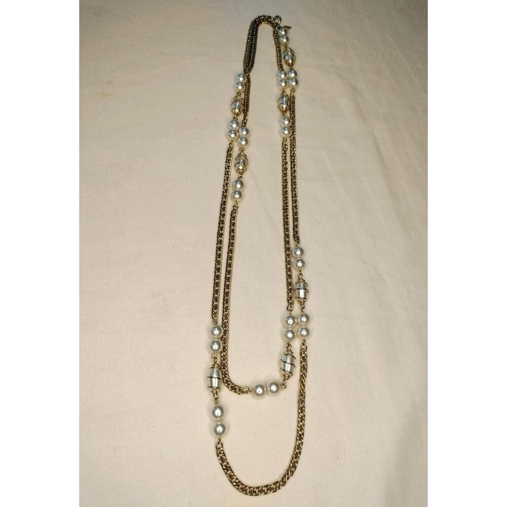 Sarah Coventry Vintage Gold Tone Chain Faux Pearl Pendant Long Necklace Jewelry - Picture 9 of 16